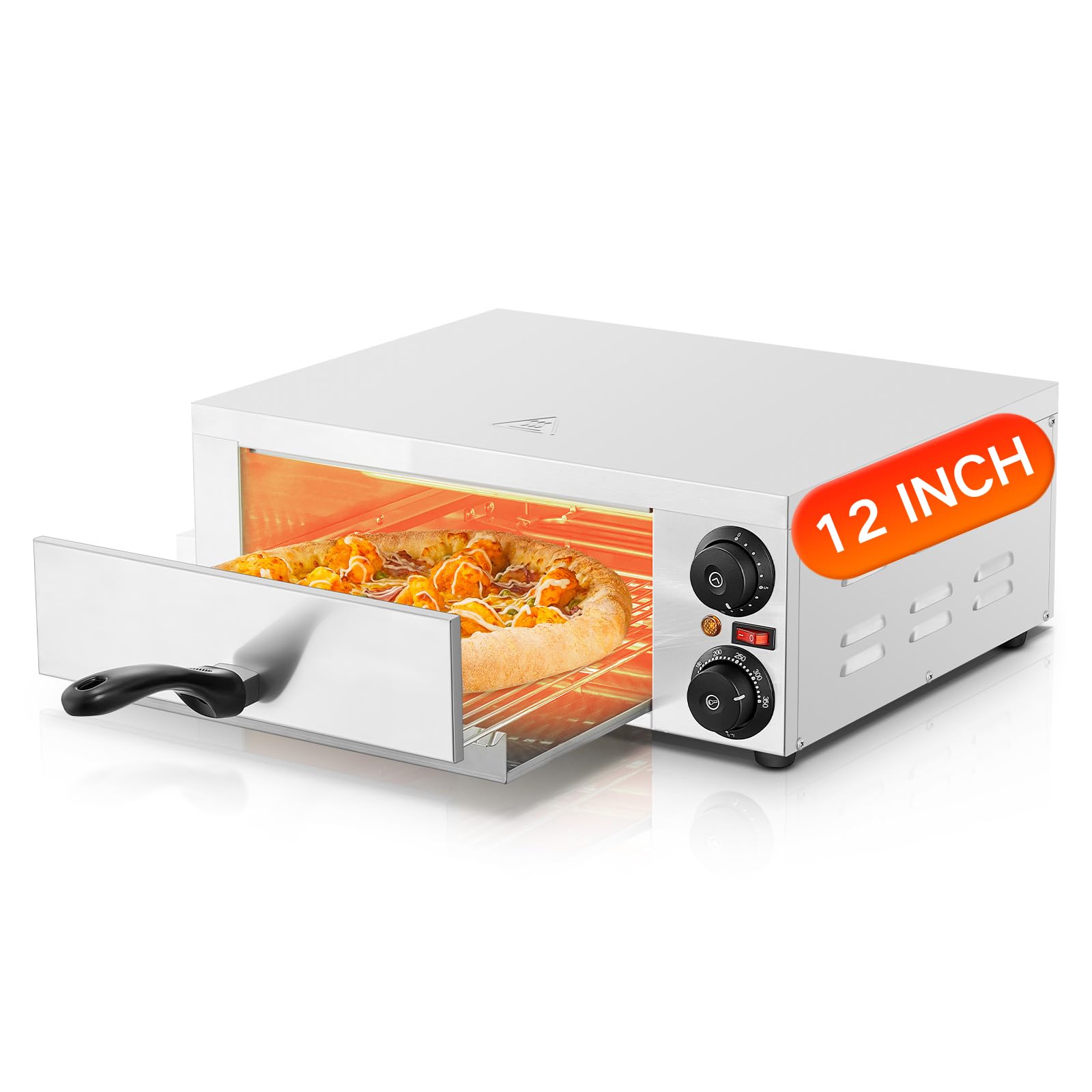 Professional Pizzaofen 2000W, 12 Zoll Kommerzieller Pizzabackofen Elektrisch Edelstahl mit 15-Minuten-Timer 350℃ für Pizza, Brot und Backwaren