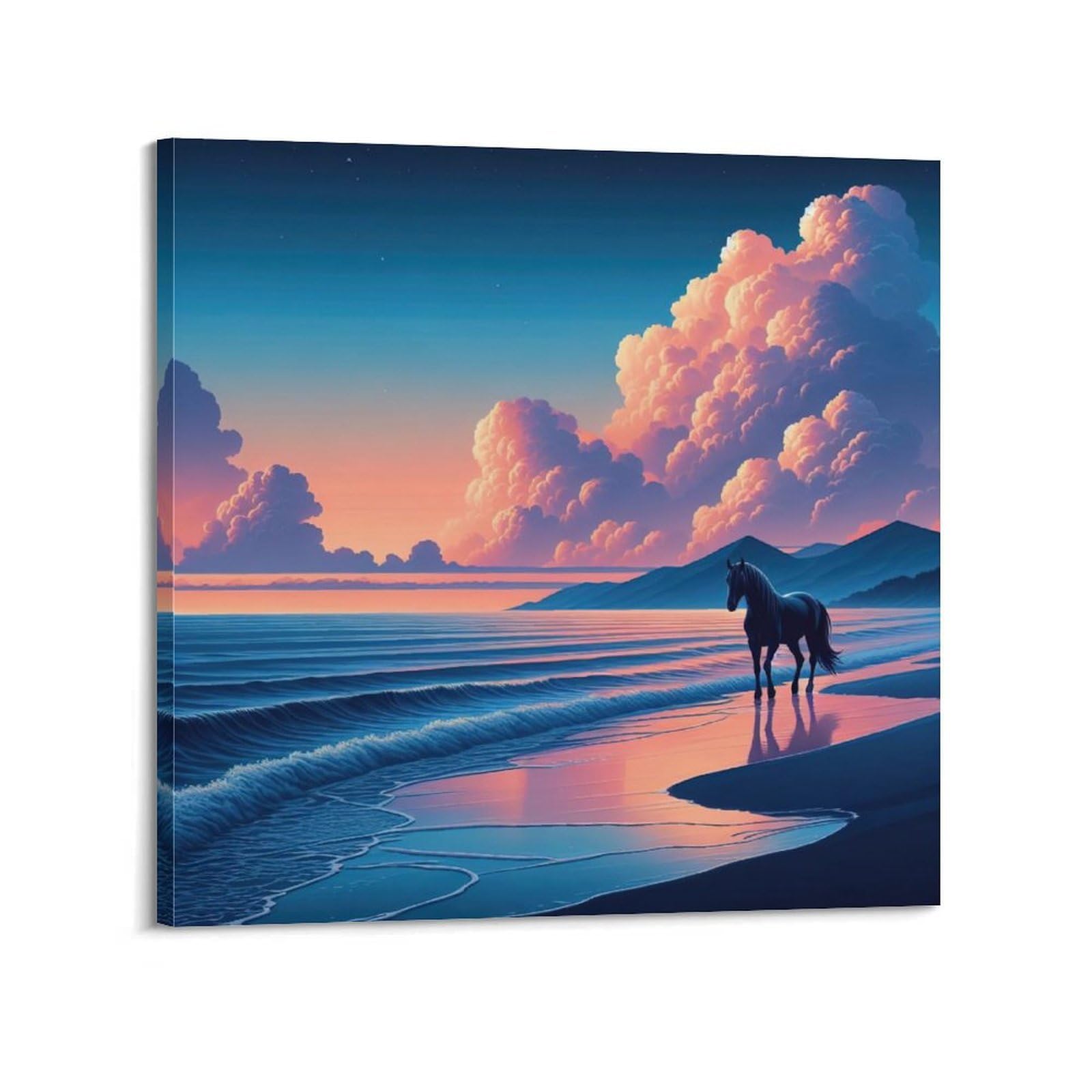 WZKTCL Animal Poster Sunset Beach Black Horse Poster Decorative Painting Canvas Wall Posters And Art Picture Print Modern Family Bedroom Decor Posters 16x16inch(40x40cm)