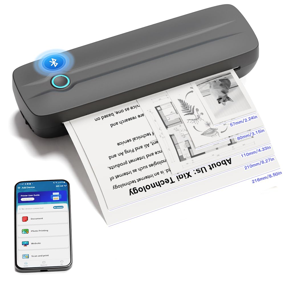 Portable Thermal Printer, Wireless Bluetooth Printer Support US Letter/A4/A5/4in/3in/2in Thermal Paper, Inkless Printer Compatible with iOS, Android &