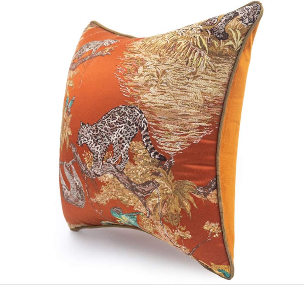 vctops Classic Animal Embroidered Throw Pillow Cover Forest Leopard Monkey Birds Butterfly Pattern Decorative Pillowcase Cushion Cover Orange 18x18 Inch