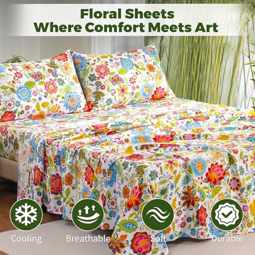 Image of Bedlifes Extra Deep Pocket 18-24 inch Queen 4-Piece Sheet Set - Cooling Sheets Blend Rayon Derived from Bamboo Soft & Breathable Floral Spring Design