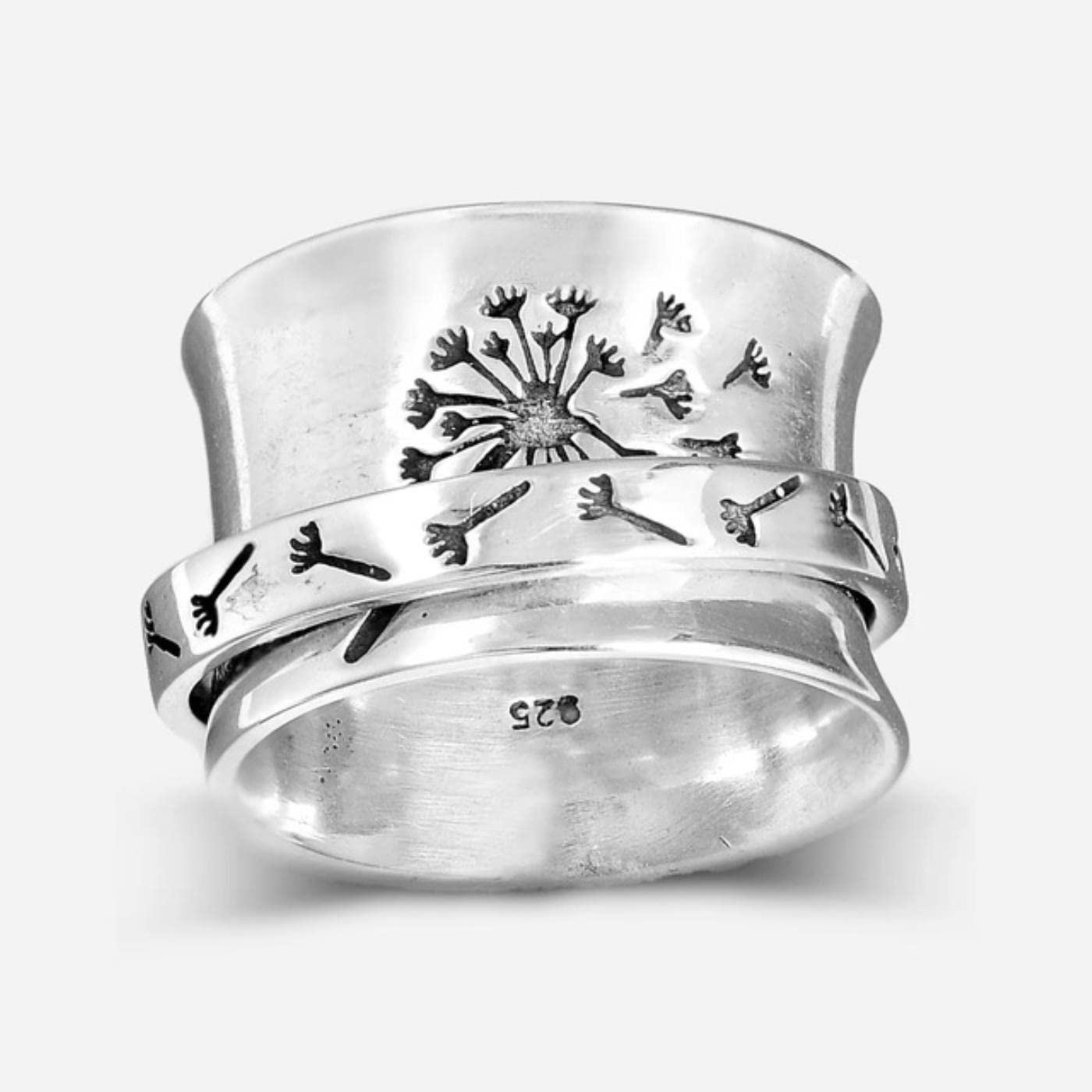 Mayiyaho Men's Silver Antique Sterling Ring Creative Carved Dandelion Stress Anxiety Ring Casual Rune Sport Jewelry For Anillos