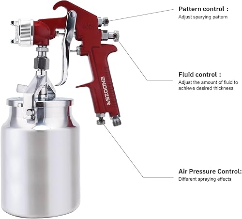 Miniatura 2 de ENDOZER Pistola pulverizadora profesional de alimentación por sifón para pintura, mango rojo, 34 oz - boquilla de 1.8mm para una variedad de