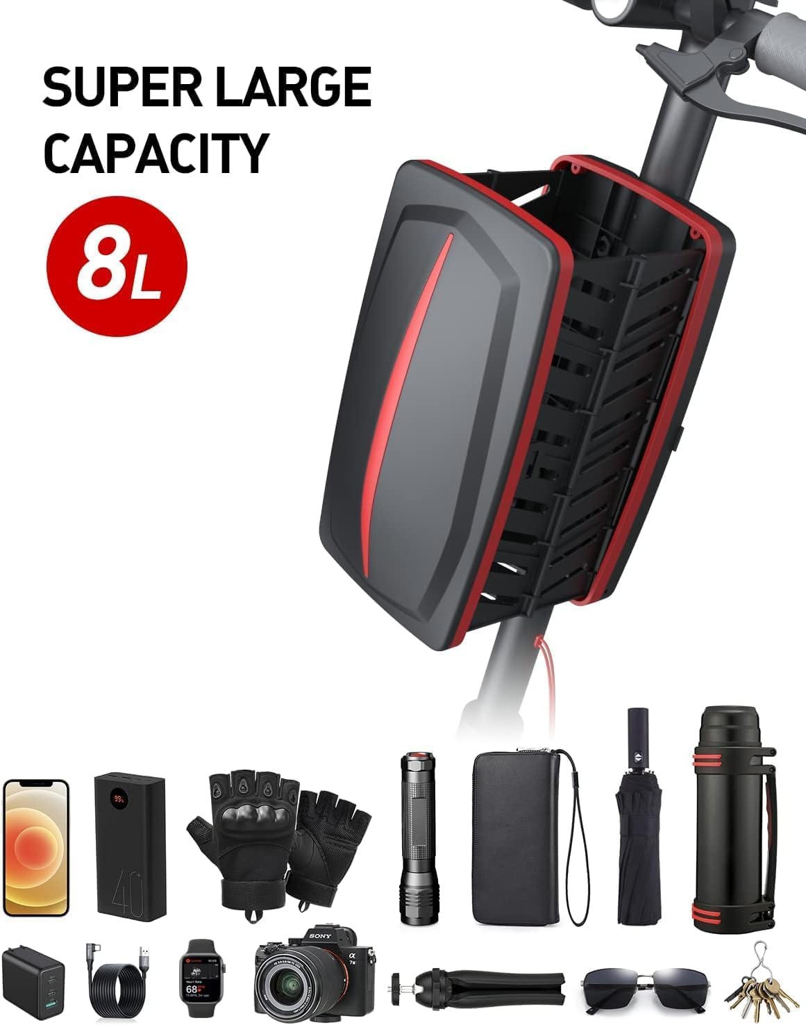 Bolsa para scooter de 8 L, cesta plegable impermeable universal, kit de accesorios para colgar en la parte delantera para adultos, niños, parrillas