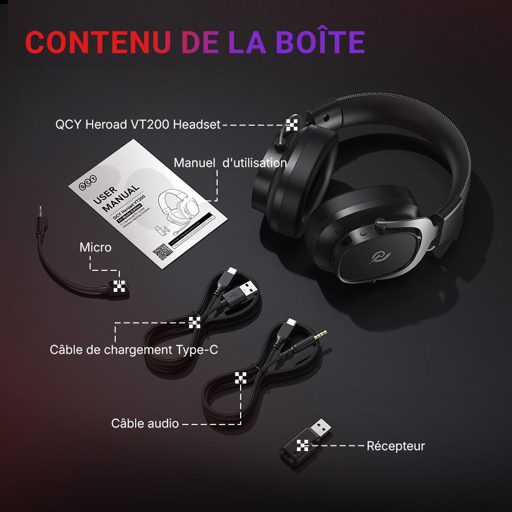 QCY Heroad VT200 Casque Gaming sans Fil,Casque sans Fil Gamer 2,4 GHz avec Microphone,Son Surround 7.1,Bluetooth 6.0,Ultra Léger,Autonomie 130h,Faible Latence,Compatible avec PS5/PS4/Switch