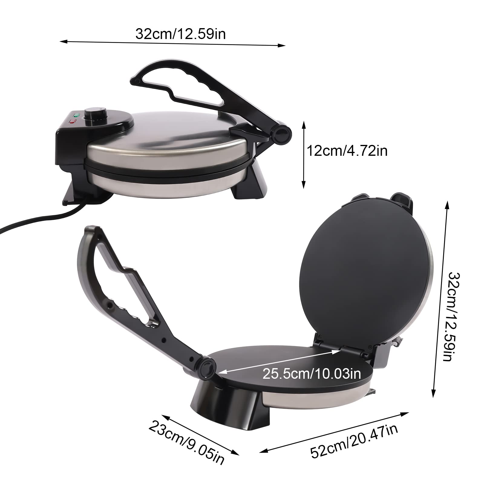 25.50cm Elektrische Tortillapresse Roti Maker Tortilla Maker Mehrzweck Automatischer Maker mit Antihaft Kochplatten für hausgemachte Tortillas mit kostenlosem Roti Wärmer