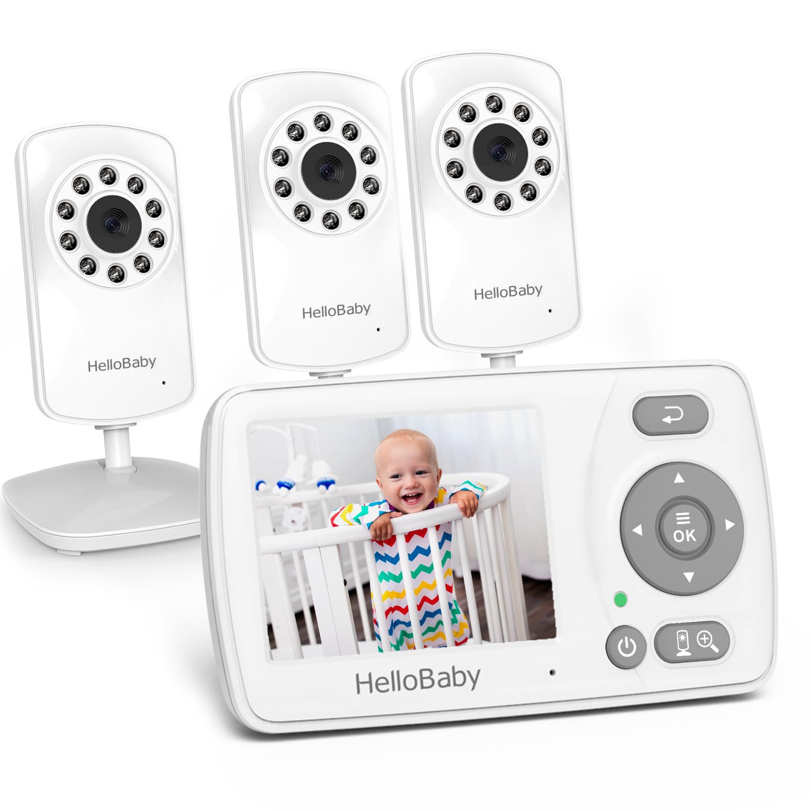 HelloBaby Monitor with 3 Cameras, 2.4'' Portable Travel Screen Baby Monitor No WiFi, 1000ft Long Range Video Baby Monitor, Night Vision, VOX