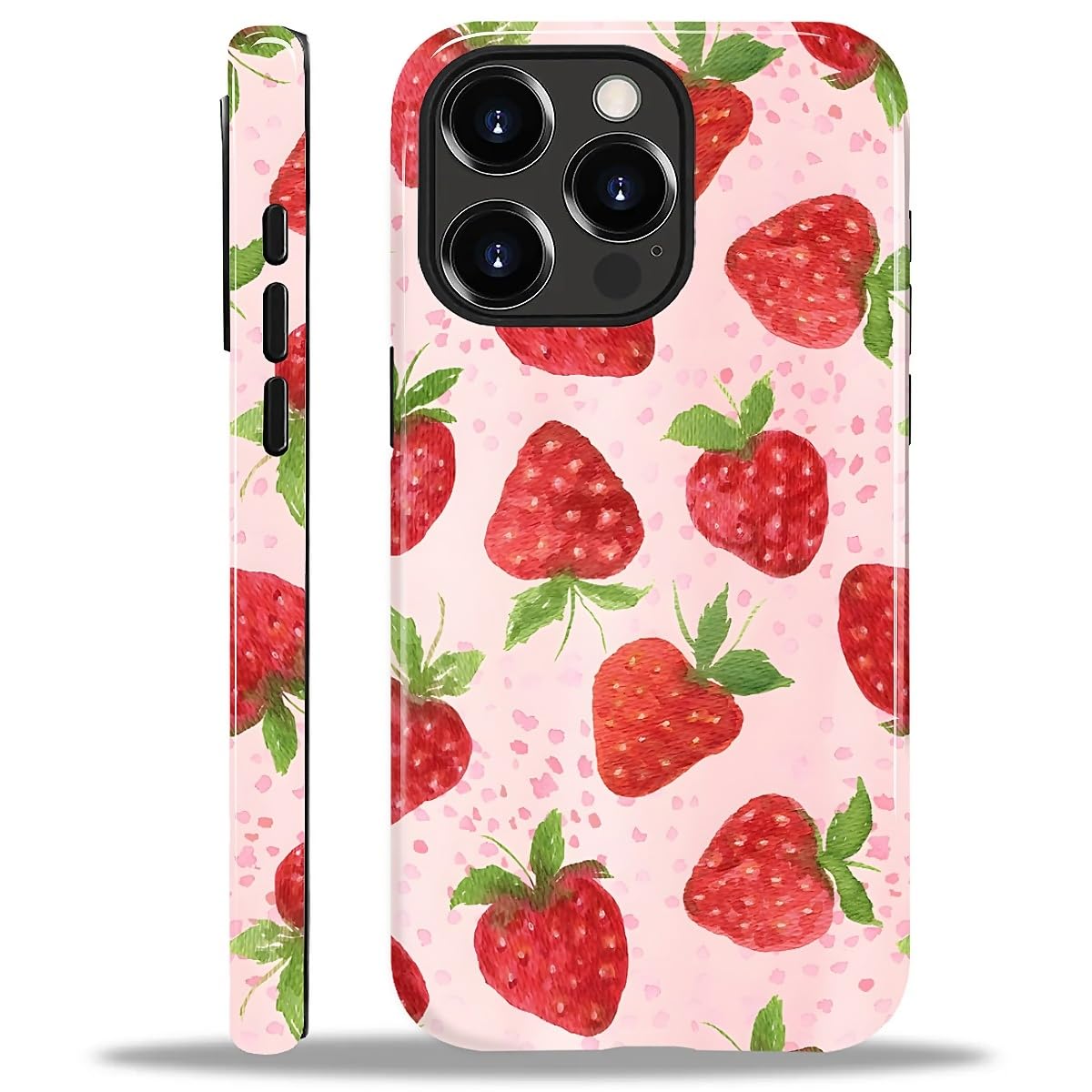 Case Compatible with iPhone 15 Pro Max,Hybrid 2 Layer PC Hard Shell + Silicone Protective Case, Strawberry Pattern with Pink Dots Scratch-Resistant