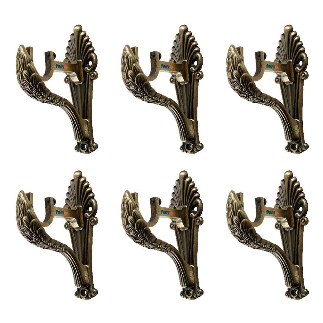 FERIONew Look Zinc Alloy Curtain Brackets Holder for Door and Window 1 Inch Rod Brass Antique Set of 3 (Pack of 6)
