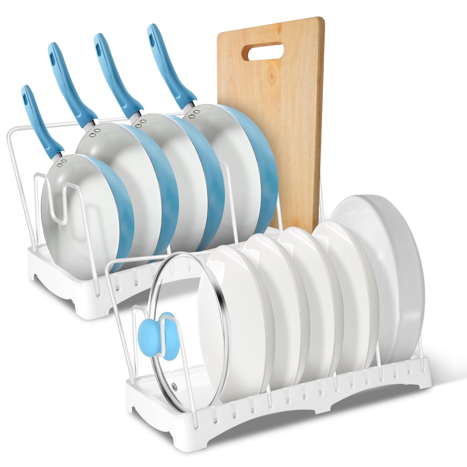 Zvonema Pot and Pan Organizer, Expandable Pan Organizer Rack for Cabinet with 10 Adjustable Dividers, Kitchen Pots and Pans Organizer/Pot Lid Holder with 2 DIY Methods, White