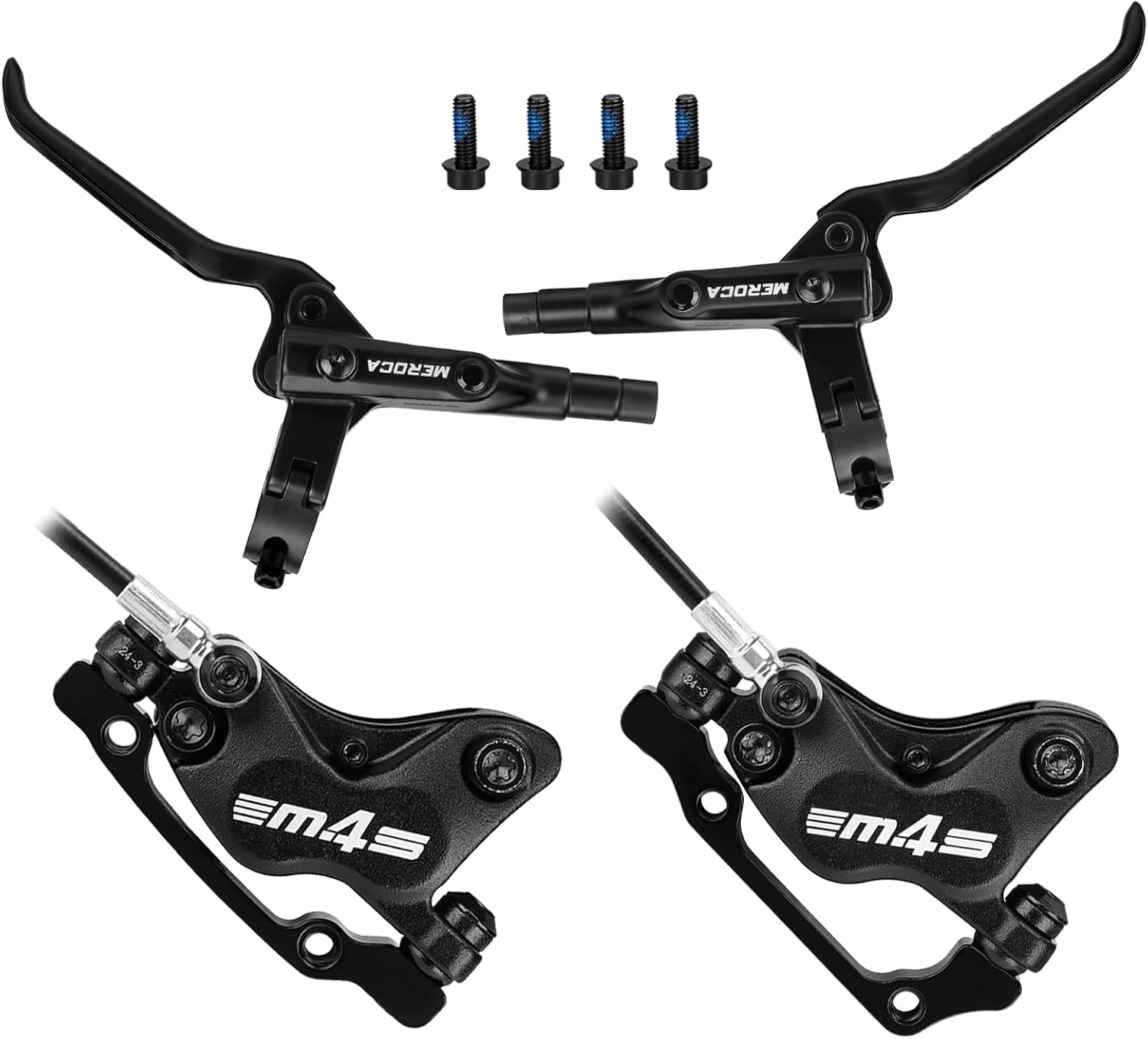 MEROCA M4 4-Piston Mountain Bike Hydraulic Disc Brakes Hydraulic Bike Brakes Front 800mm and Rear 1400mm with PM Adapter for 160mm Rotor