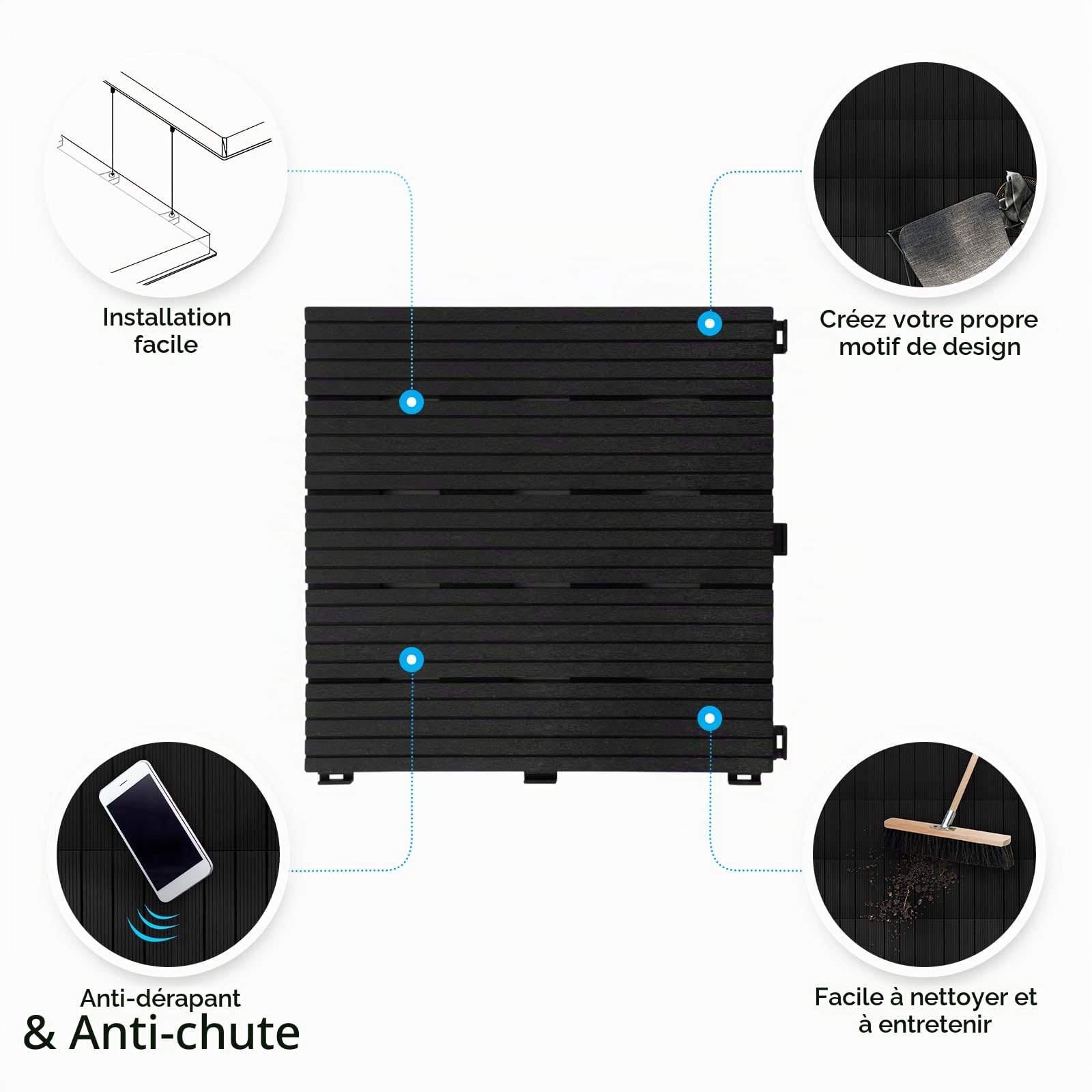 Floordirekt | Dalles de terrasse Claire | Carrelage à clics, Caillebotis résistant aux intempéries avec fonction de drainage| Ideal Revêtement pour balcon & terrasse | 1m² | 30x30cm, Gris