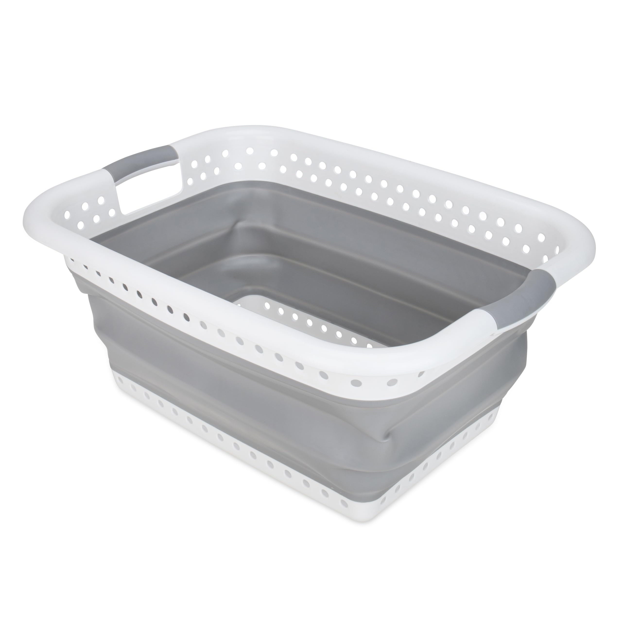 Photo 1 of Camco Collapsible Laundry Basket, Large, White/Gray - Pop Open Waterproof Plastic Bin with Handles for Home, Dorm, RV Storage | one side of Handle Broken on one side