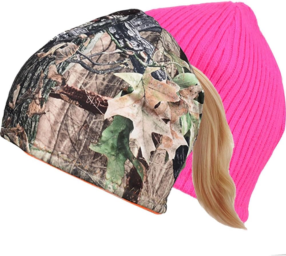 EDTREK Womens Performance Reversible Ponytail Beanie - Windproof Fleece Winter Hat for Hiking Hunting Fishing