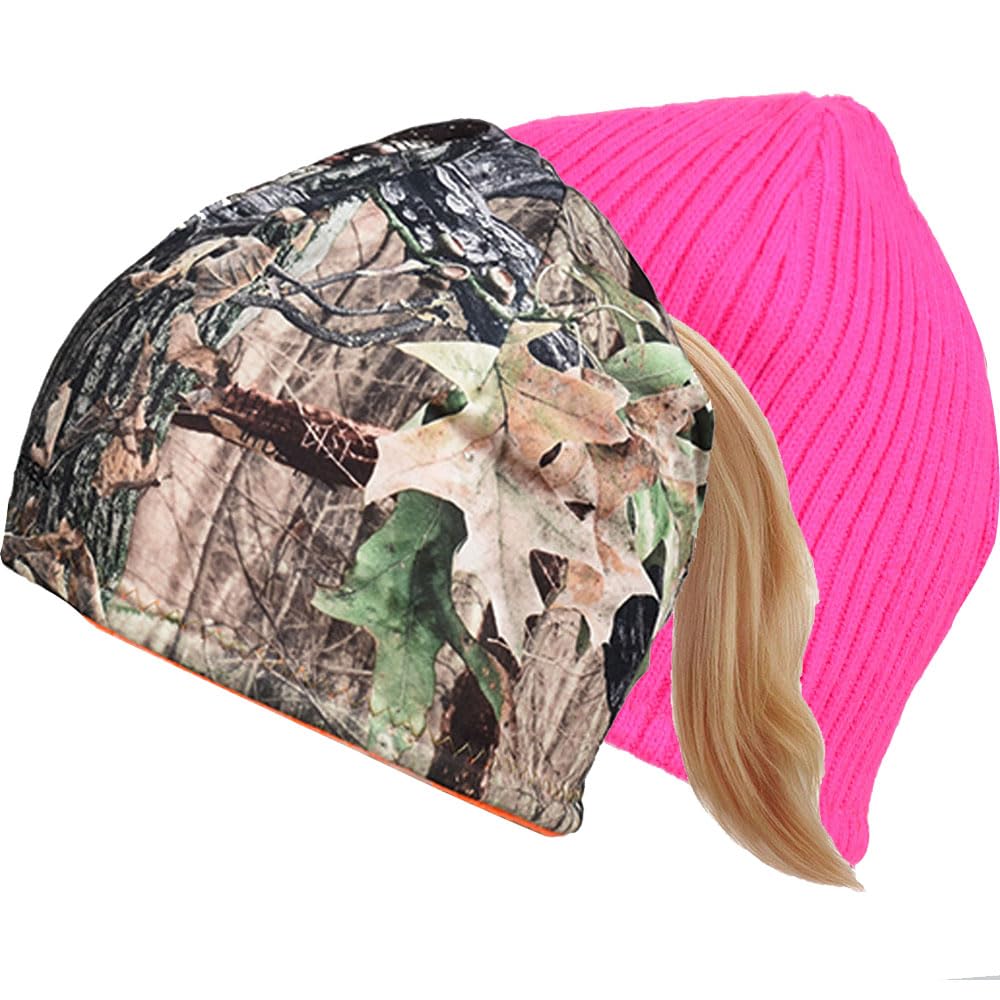 EDTREK Womens Performance Reversible Ponytail Beanie - Windproof Fleece Winter Hat for Hiking Hunting Fishing