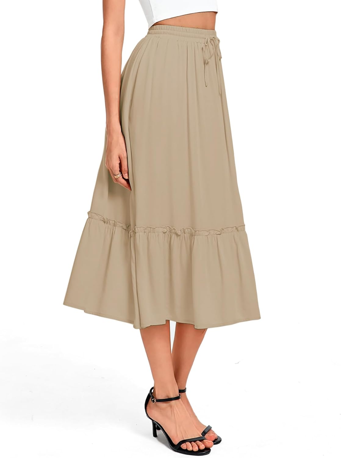 Urban CoCo Women's Elastic Waist Flowy A-Line Midi Long Skirt Below Knee with Pockets - Image 2