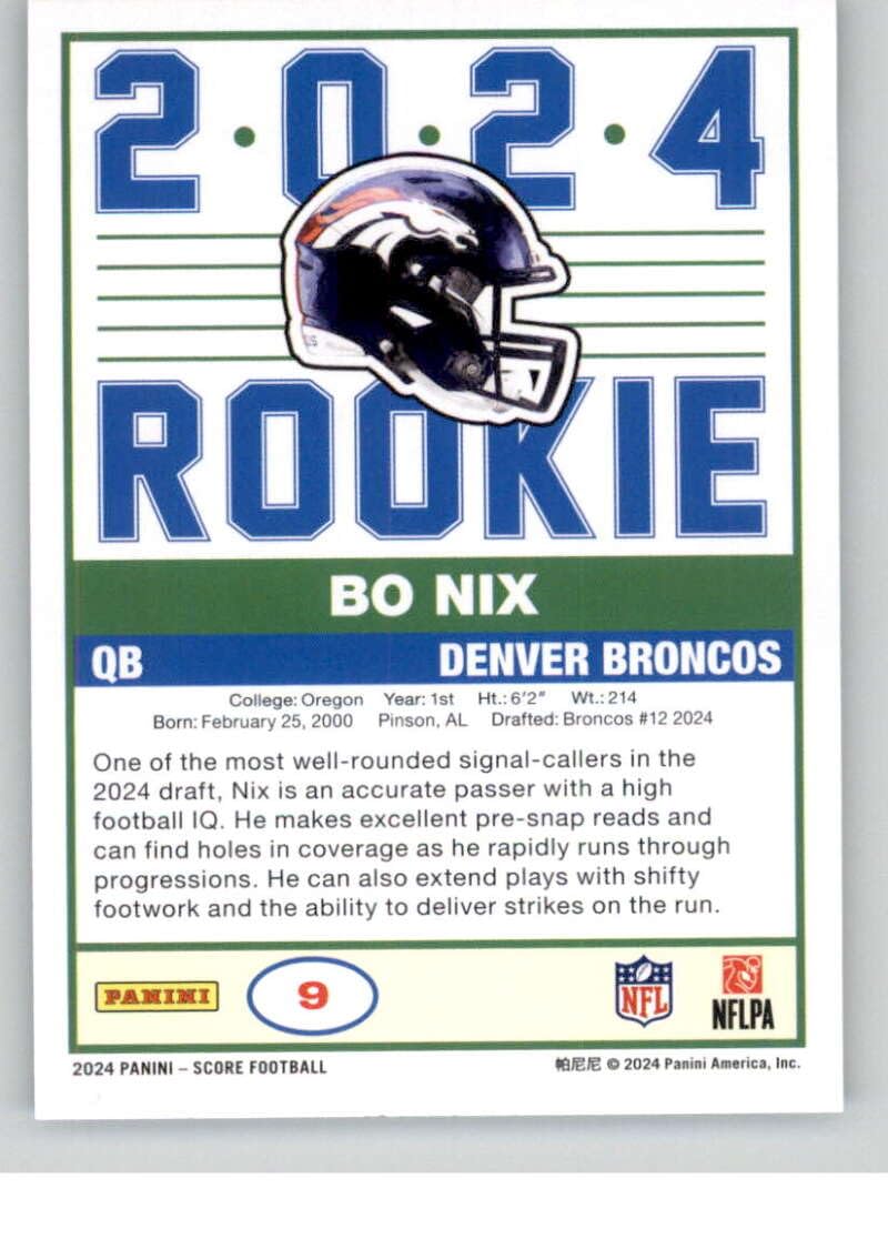 Amazon.com: 2024 Score Football 35th Anniversary Rookie #9 Bo Nix Denver  Broncos Official NFL Trading Card (Stock Photo may be shown, Card in Near  Mint to Mint Condition) : Everything Else