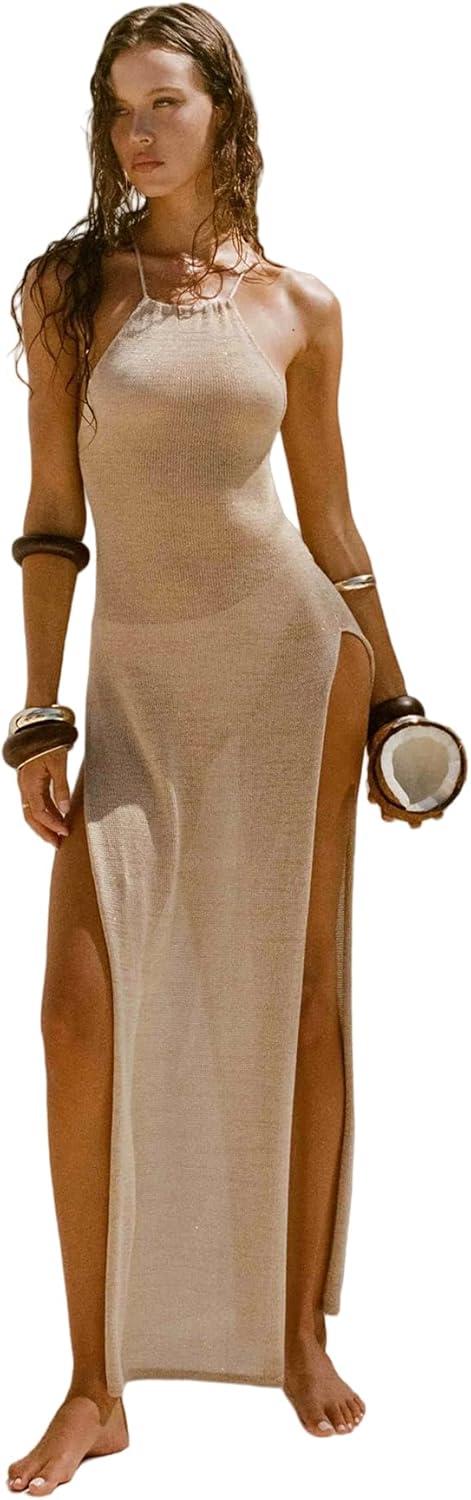 Women's Sexy Halter Sleeveless Mesh See Through Knitted Maxi Long Dress High Split Beach Bikini Swimsuit Cover Ups