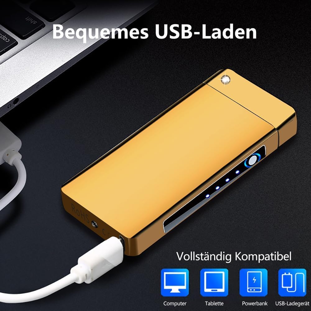 GADATOP Elektrisches Plasma-Feuerzeug Mit LED-Batterieanzeige - Wiederaufladbar, Flammenlos, Sturmfest für Kerzen, Grill und Camping (Gold)