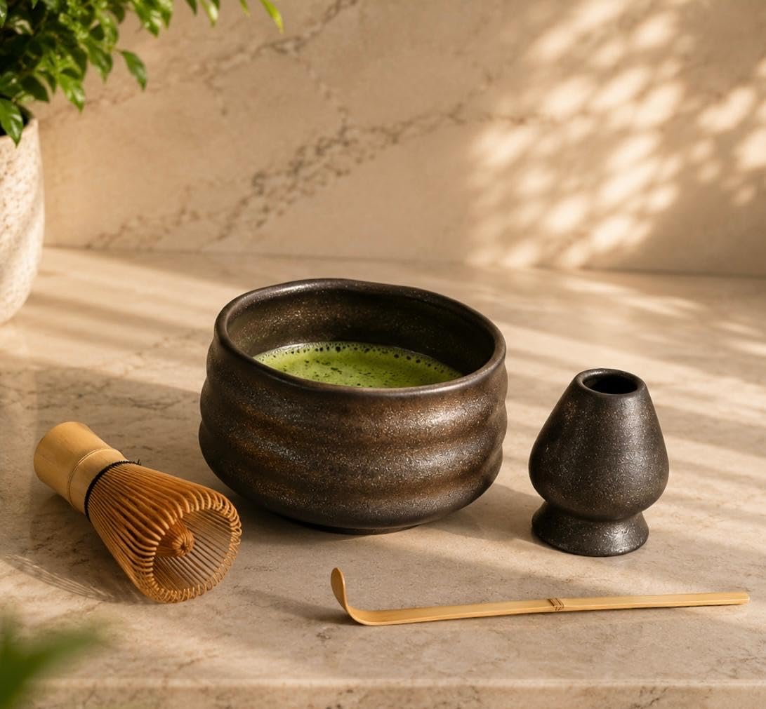 Matcha Maker 4 piece Set (Bronz Black) - Ceramic Bowl, Ceramic Whisk Holder, Handmade Bamboo Whisk and Spoon-image-44