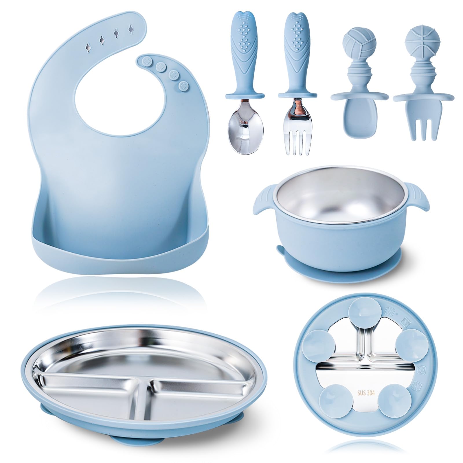Juego de 7 piezas de acero inoxidable 304 para alimentación de bebés y niños pequeños, con platos divididos con ventosa, cuencos, cuchara de silicona de acero inoxidable, tenedor, babero de bolsillo, irrompible, apto para lavavajillas, vajilla esencial para niños, color azul