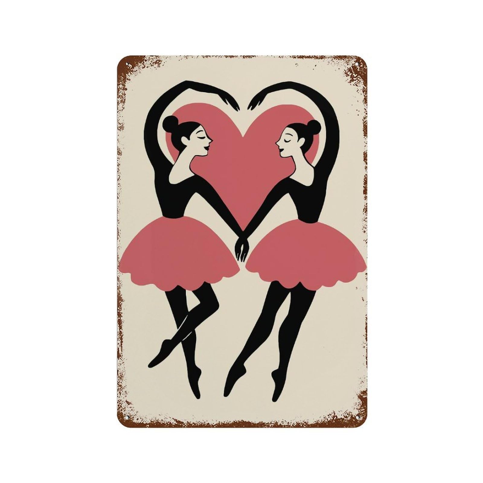 Rust Effect Ballet Dancers Forming A Heart Rusty Metal Tin Sign 11.8"x7.9", Industrial Home Decor for Living Room, Hallway And Home Decor