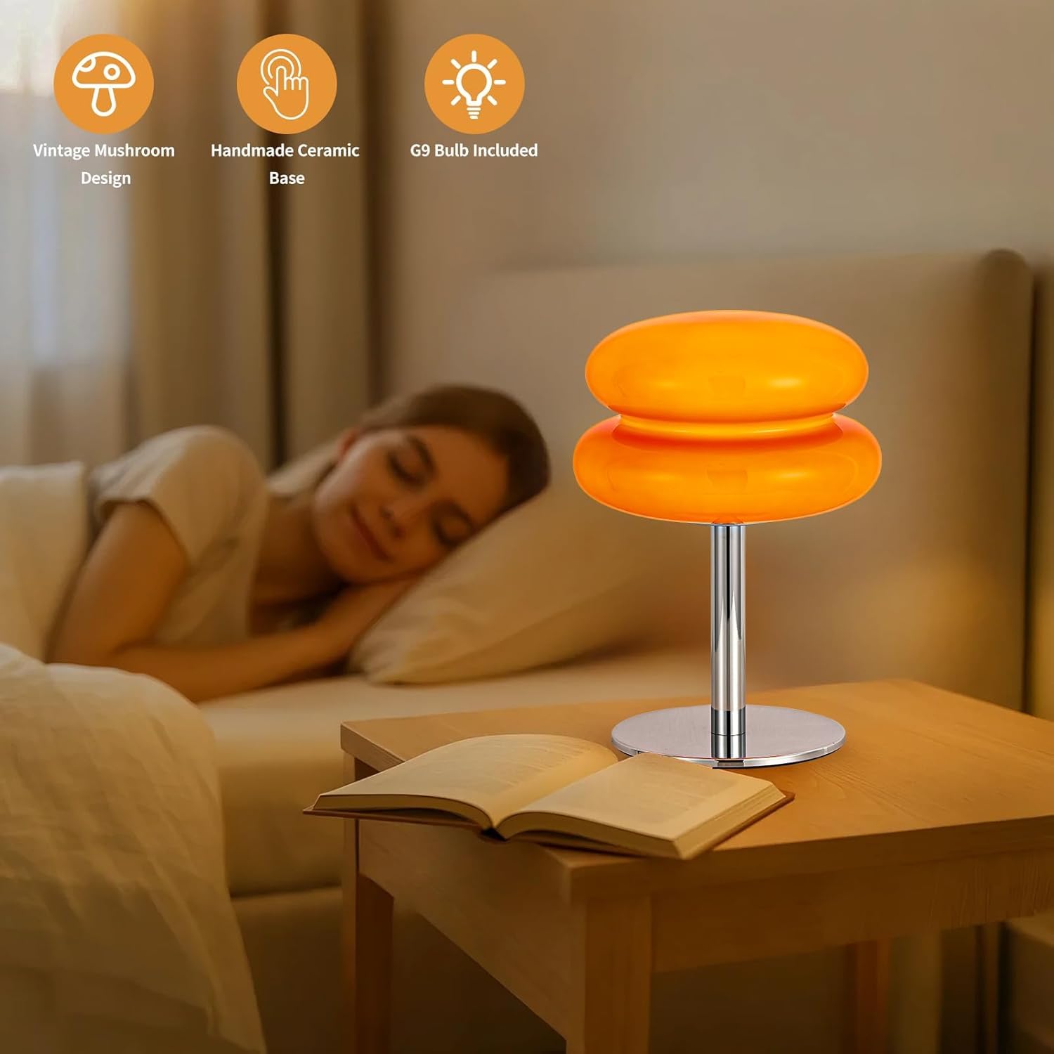 Zerodis Bonito Huevo de Vidrio -Lámpara de Mesa de Altura de la Lámpara de Escritorio USB Luz Suave para Niñas Energía -eficiente (ORANGE)