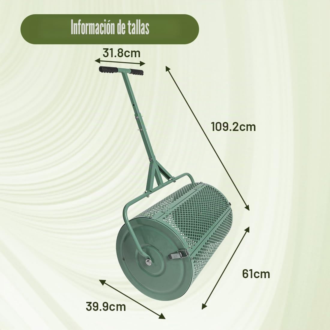 Esparcidor De Compostaje De 75 L con Asa,con Bloqueo Lateral para Esparcir Fertilizante,Multiusos, Red De Metal, Esparcidor De Abono, Rodillo De Semillas, Esparcidor De Semillas, Color Verde