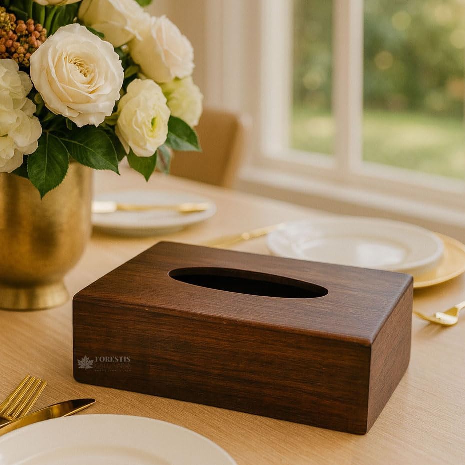 Image of Wooden Tissue Box| Rosewood Napkin Box| Tissue Holder Organizer for Table, Home, Office, Car| Rectangular Facial Paper Cloth Storage Case| Dispenser (Rosewood Plain, 9X5 Inches)
