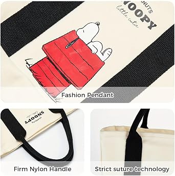 MINISO Snoopy Tote Bag,Peanuts Summer Travel Series Lightweight Canvas Handbag, 11.4 Multipurpose Use Grocery and Carry Bags for Men Women, Beige