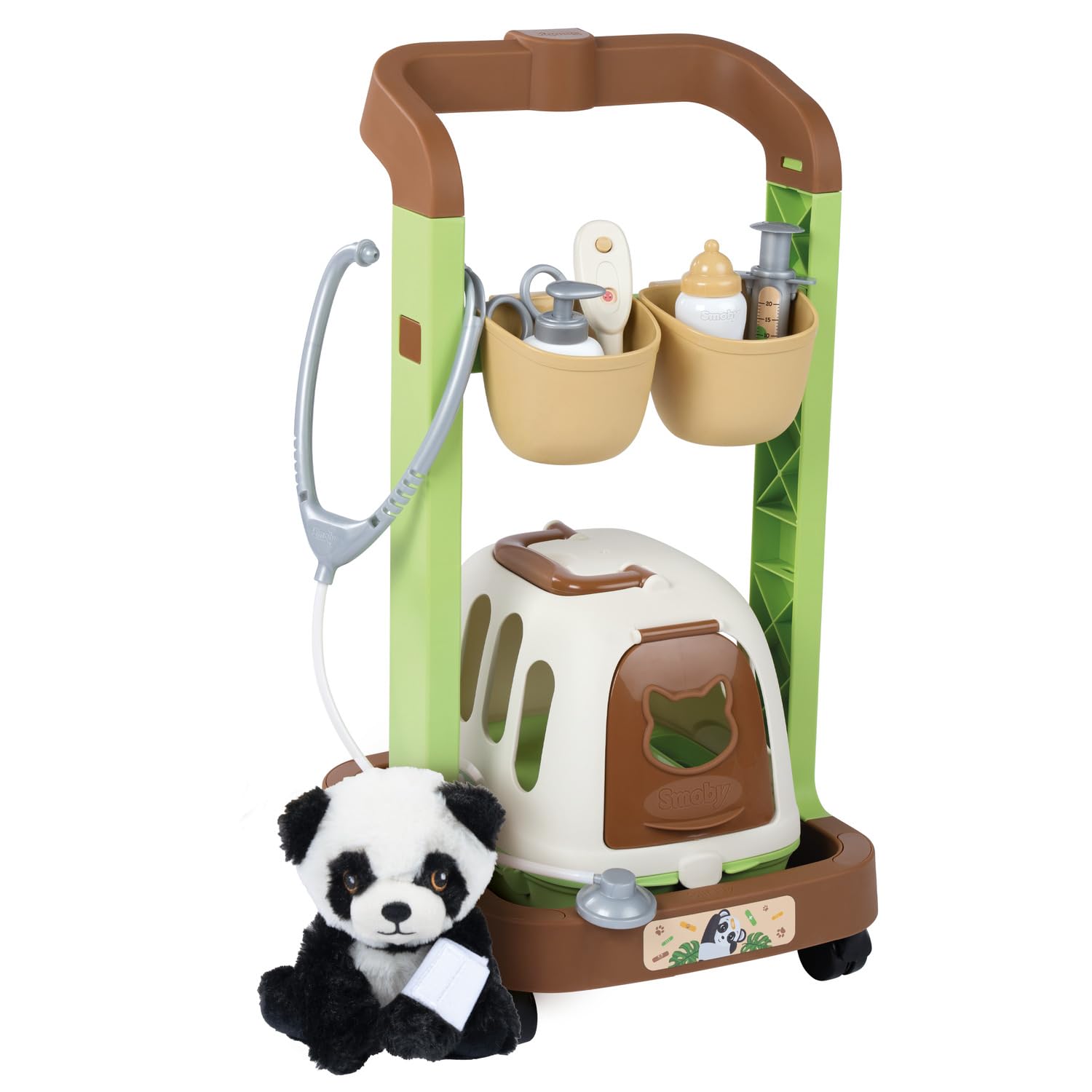 Smoby - Chariot Vétérinaire - avec Peluche Panda - Mallette 2 en 1 - 7 Accessoires Inclus - Dès 3 Ans - Fabriqué en France