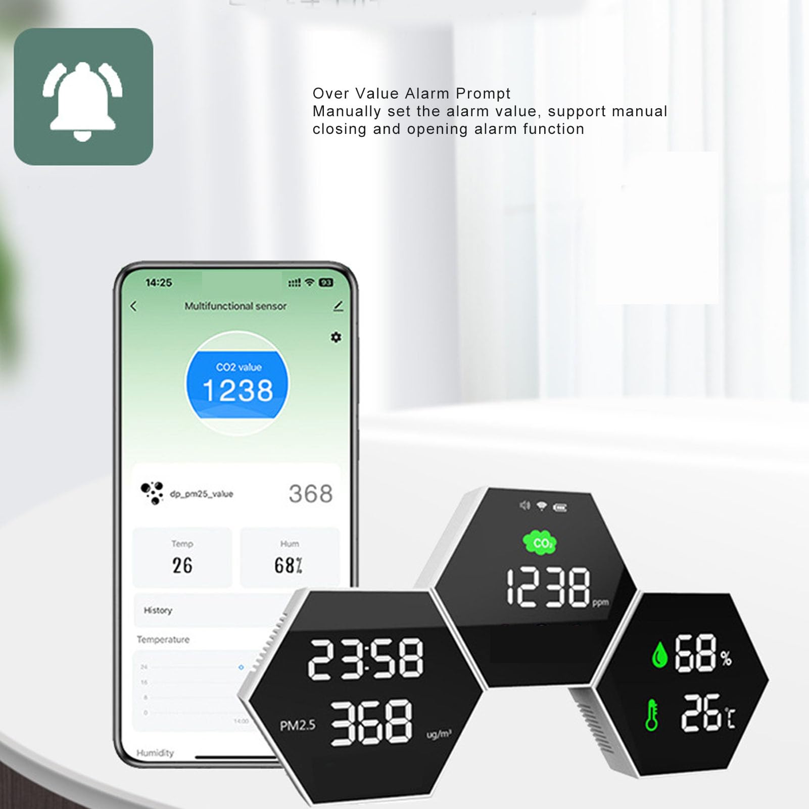 Detector de Calidad del Aire Interior, Monitor de CO2 y PM2.5 | Monitorización de Datos en Tiempo Real, Calibración Manual del Sensor, Brillo Ajustable, Autonomía de 24 Horas