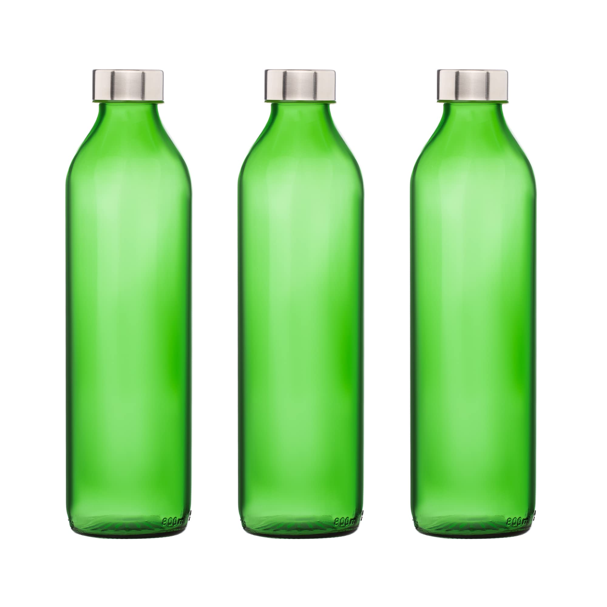 SAND DUNE Set of 3, 800 ml Each Green Glass water bottle, with Leak-Proof Airtight Stainless-Steel Lid for Water, Smoothie, Juices - Reusable Travel Glass Drinking Fridge Bottles