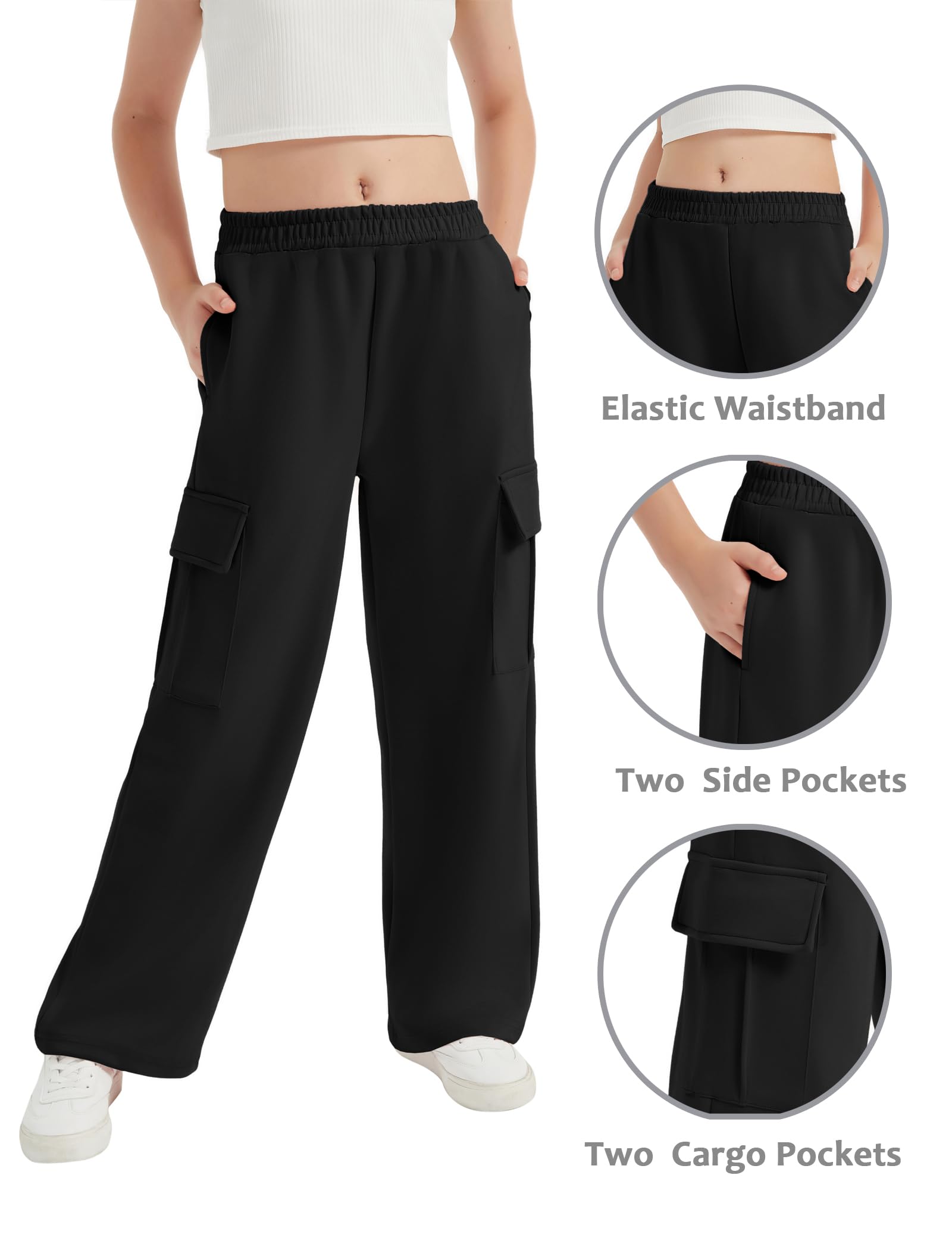EXARUS Pantalones deportivos para niñas con bolsillos tipo cargo, cintura elástica, pierna ancha, pantalones casuales de cintura alta para niños de 6 a 14 años