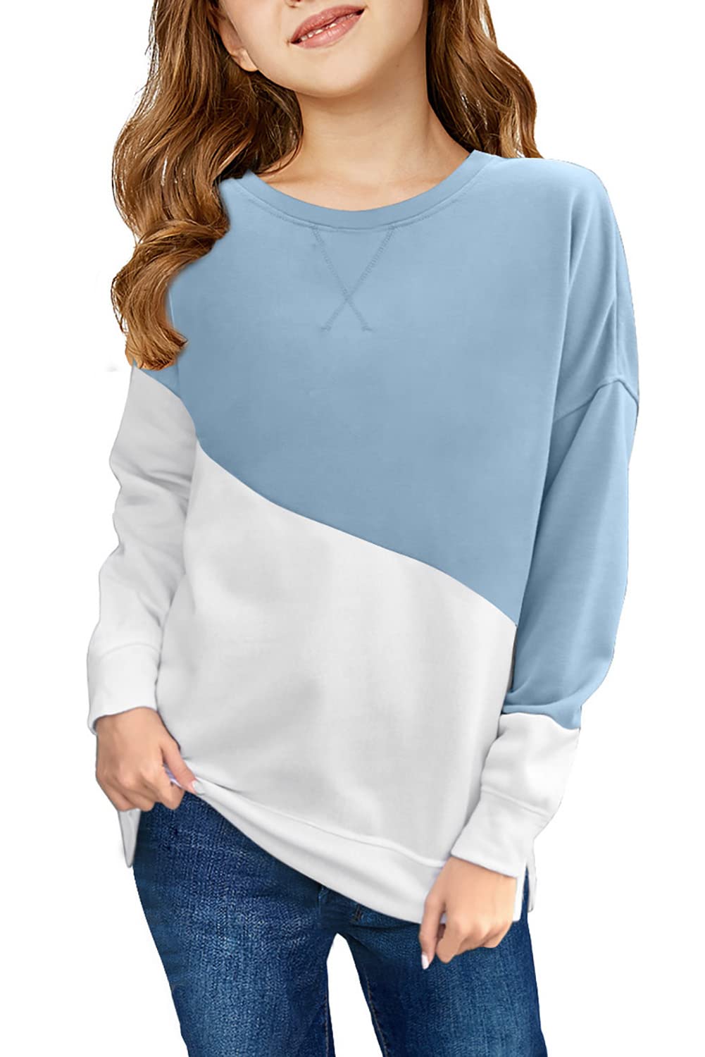 SELINK Girl's Casual Big Kids Long Sleeve Striped Color Block Tees Pockets