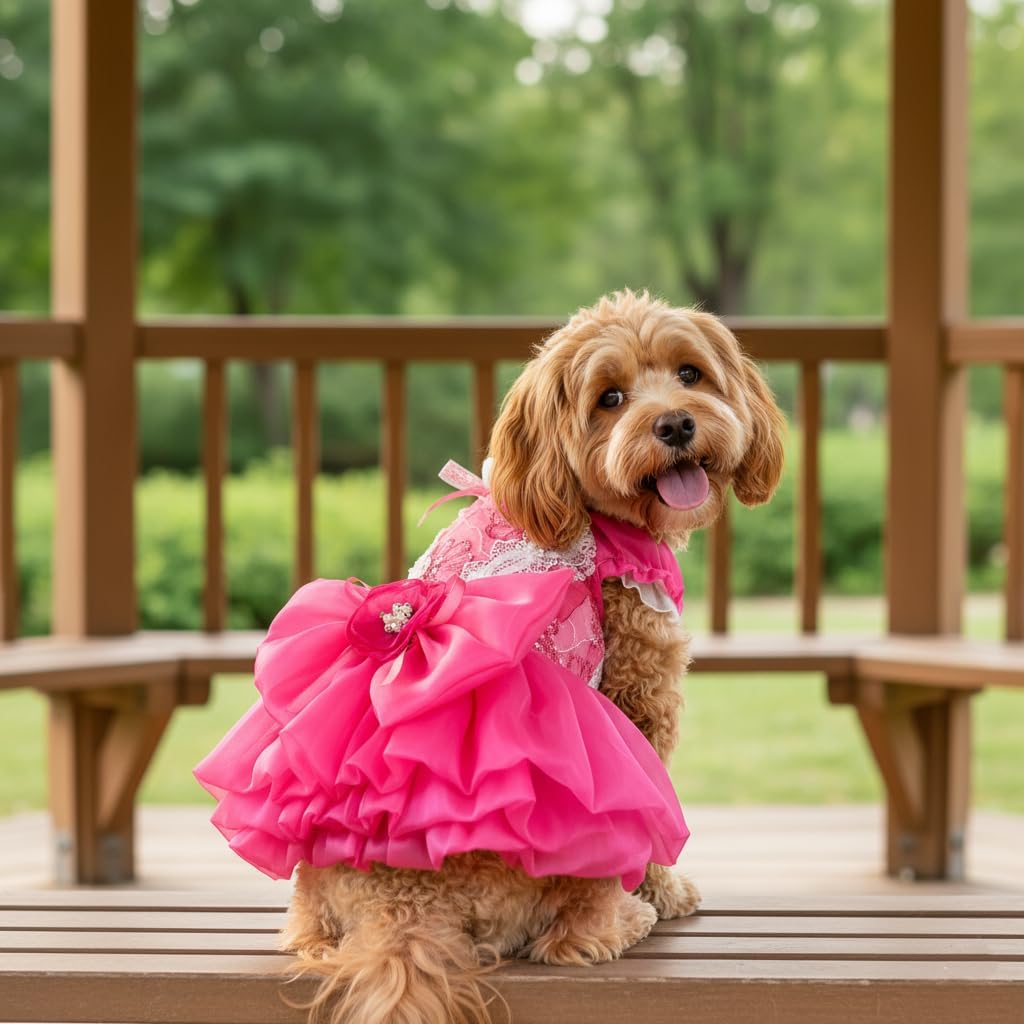Handmade Hot Pink Princess Dog Dress Elegant Lace Birthday Party Outfit for Small Dogs & Cats Pet Costume Clothes