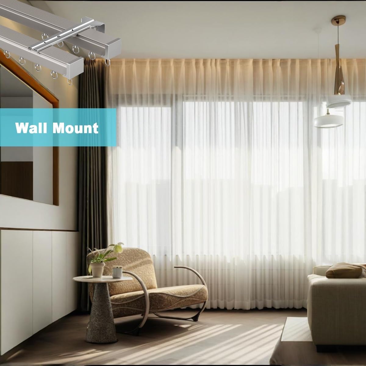 Aluminum Double Curtain Rod 50-500cm, Silent Rollers & Mounting Clips for Ceiling/Wall, Perfect for Bedroom, Room Divider, Balcony - Champagne Finish, 90cm/3ft