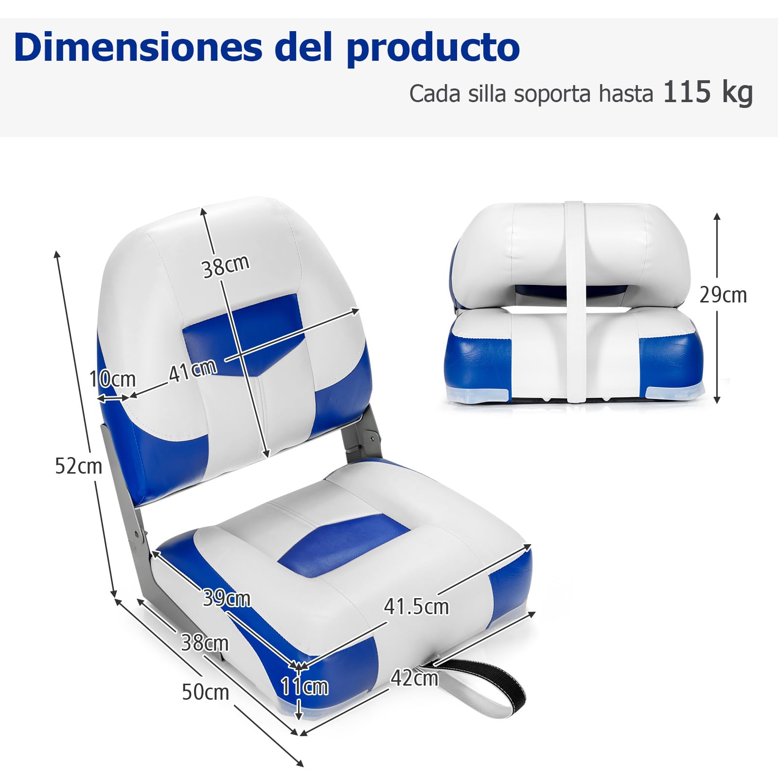 GOPLUS Juego de 2 Asientos de Barco, Silla Plegable para Barco Impermeable, Asiento Yate Ergonómico con Correas y Tornillos de Fijación, 42 x 50 x 52 cm, para Pescar, Pilotaje, Barco de Pesca (Azul)