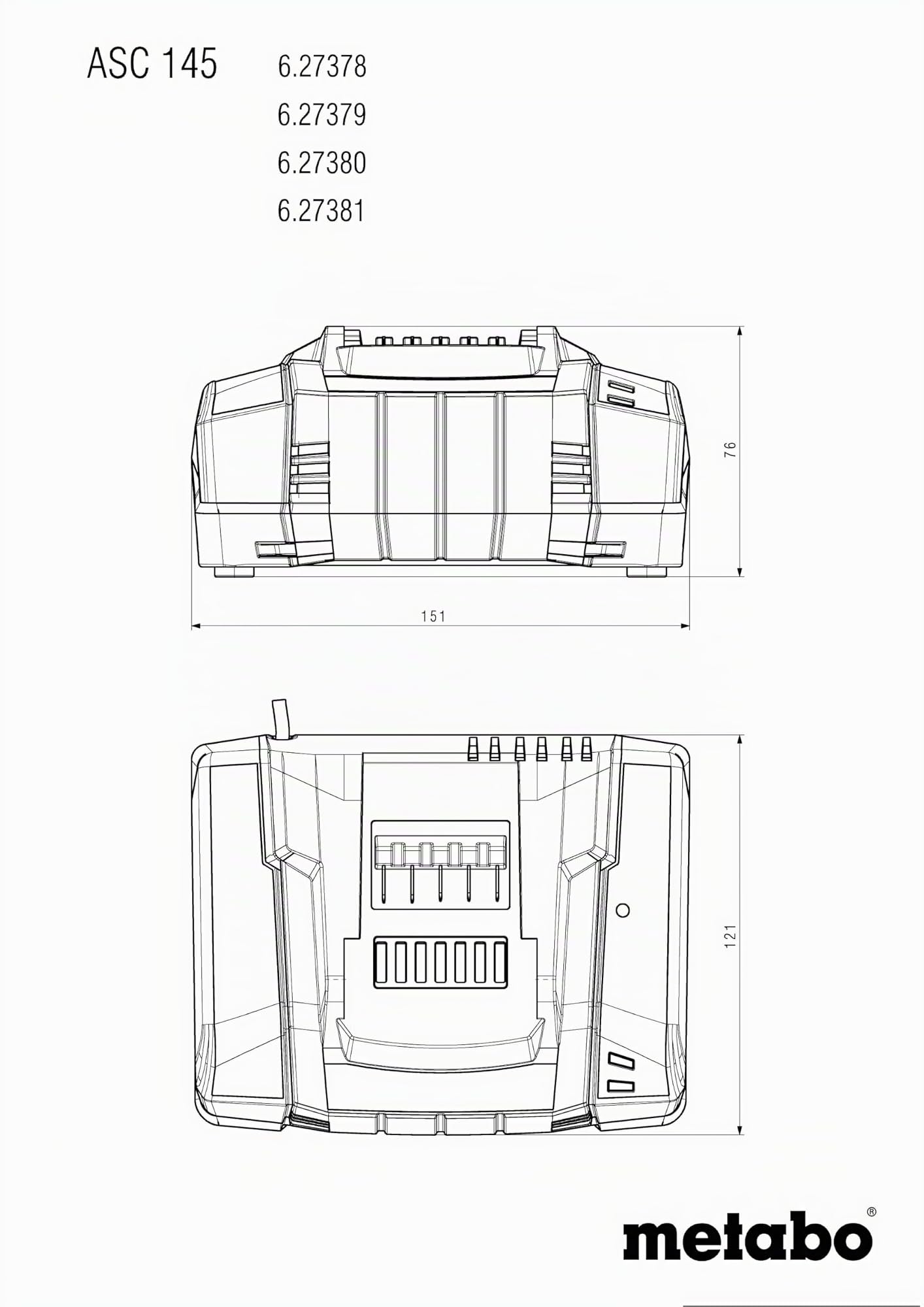 Metabo Cargador Rápido ASC 145 (12-36V, Tecnología Air Cooled Patendada para Tiempos de Carga más Cortos al enfríar la batería, Carga hasta 4 Veces más rápida, Compatible con Todas Las baterías CAS)