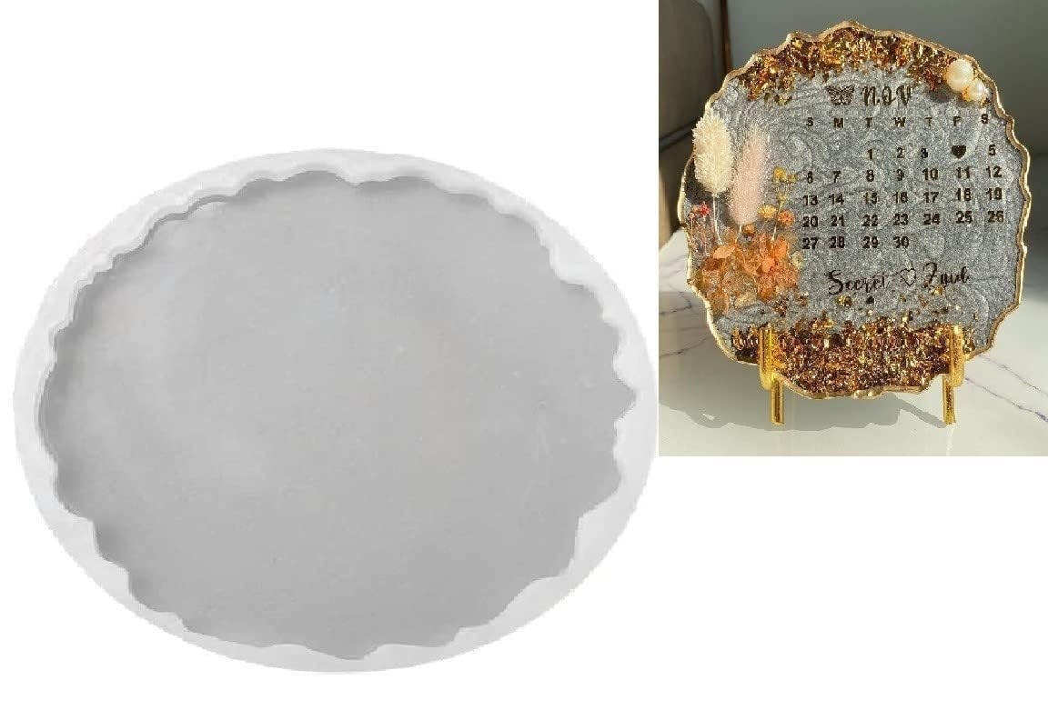 E - Buddies Silicone Resin Mould, 8 inch - 6mm Deep Round Mould with Edge, Circle Plate Epoxy Resin Casting Mould for DIY Faux Agate - 1pc (White) 3