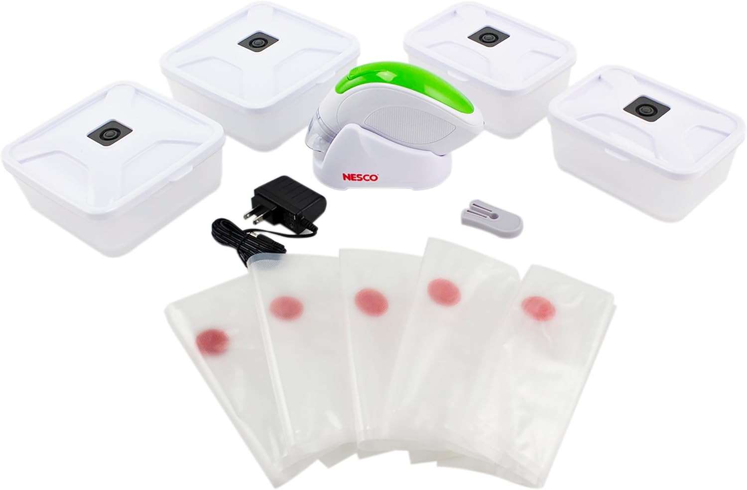 NESCO Handheld Vacuum Sealer Kit, Includes 4 Canisters, 5 Reusable Gallon Zipper Bags, Freezer, Dishwasher, Sous Vide Safe Bags, Great for Meal Prep & Food Storage – Rechargeable with Charging Base