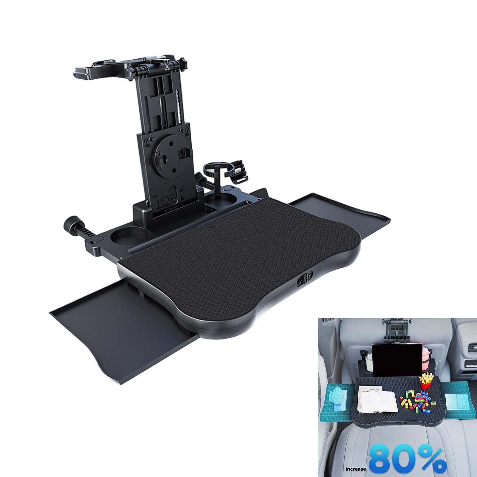 Mesa de coche fácil de transportar con soportes expandibles para teléfono y almacenamiento de tazas, bandeja ergonómica para vehículos, mejoras para comer y trabajar, escritorio