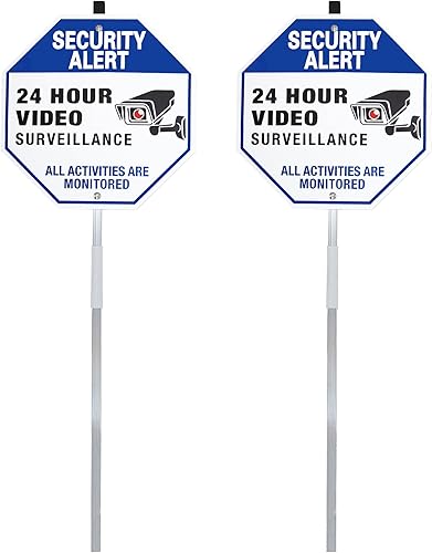 Miniatura 1 de Señal de vigilancia de video de alerta de seguridad las 24 horas, letrero de aluminio inoxidable con estaca, letrero de metal reflectante, señal de