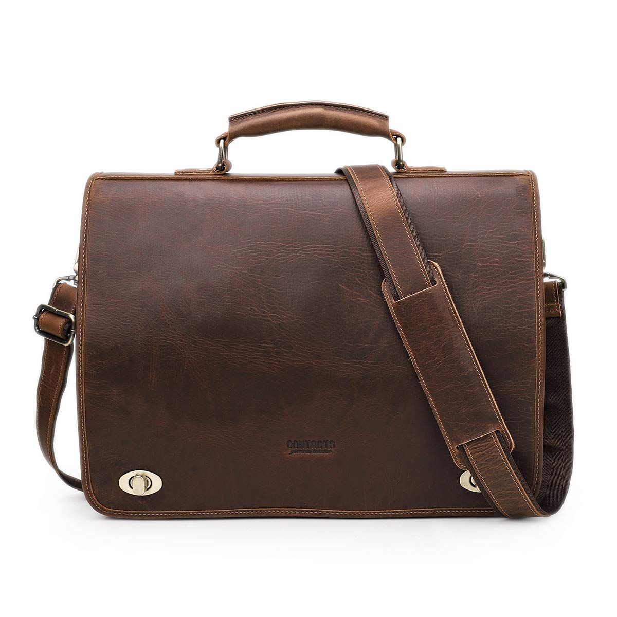 Contacts Maletín de piel auténtica para hombre de 14 pulgadas, bolso cruzado casual vintage para negocios, para hombres y mujeres, viajes, escuela, abogados, Marrón oscuro, 40,6 cm, Talla única