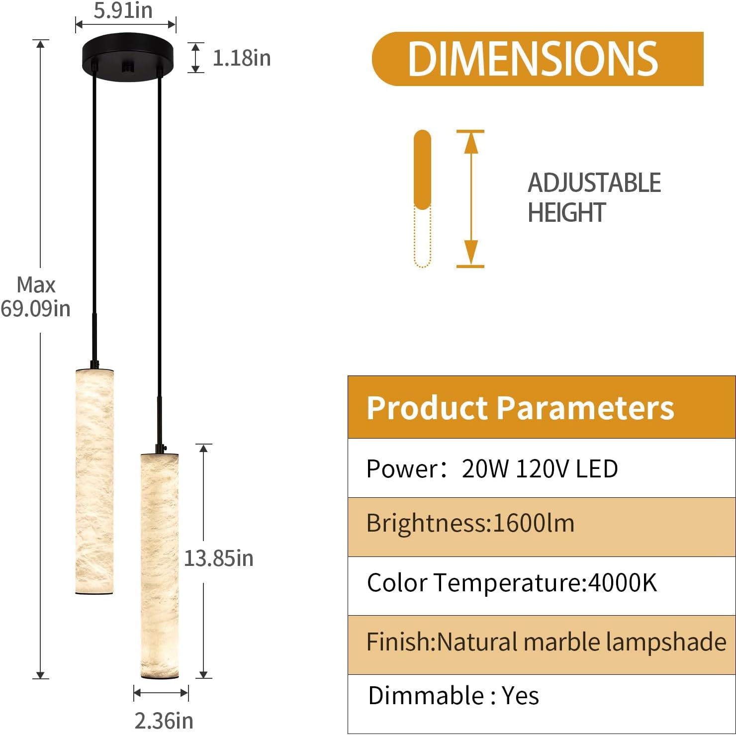 LMQNINE Natural Alabaster Pendant Lights for Kitchen Island White Marble Long Tube Chandelier 4000K Modern Black Ceiling Light Fixtures for Bedroom Dining Room Table Living Room Hallway(M-2Light)