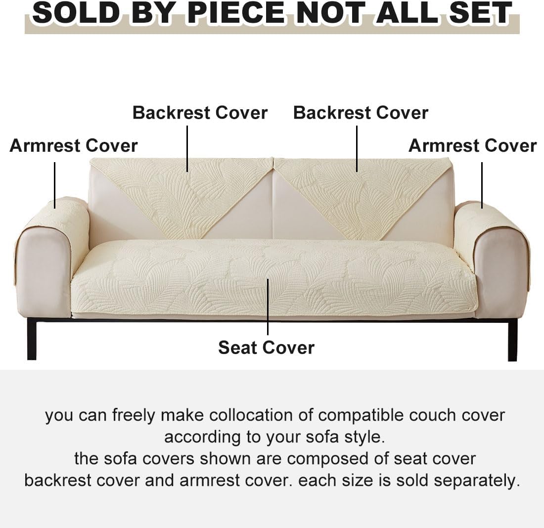 vctops Soft Cotton Quilted Couch Cover Neutral Leaf Embroidery Sofa Cover Anti Slip Sectional Couch Covers Washable Sofa Slipcover for Dogs, Children, Pets Furniture Protector (Cream,28"x82")