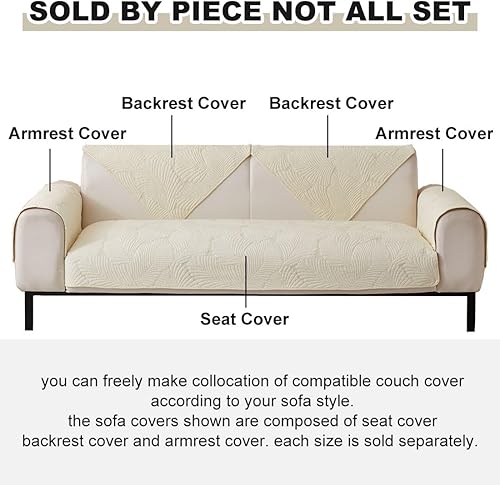 Miniatura 2 de vCTops Funda acolchada de algodón suave para sofá, con bordado de hojas neutrales, antideslizante, lavable para perros, niños y mascotas (crema, 28