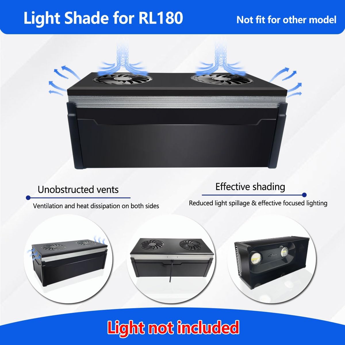PopBloom RL180 light with shade installed, showing focused light and unobstructed vents
