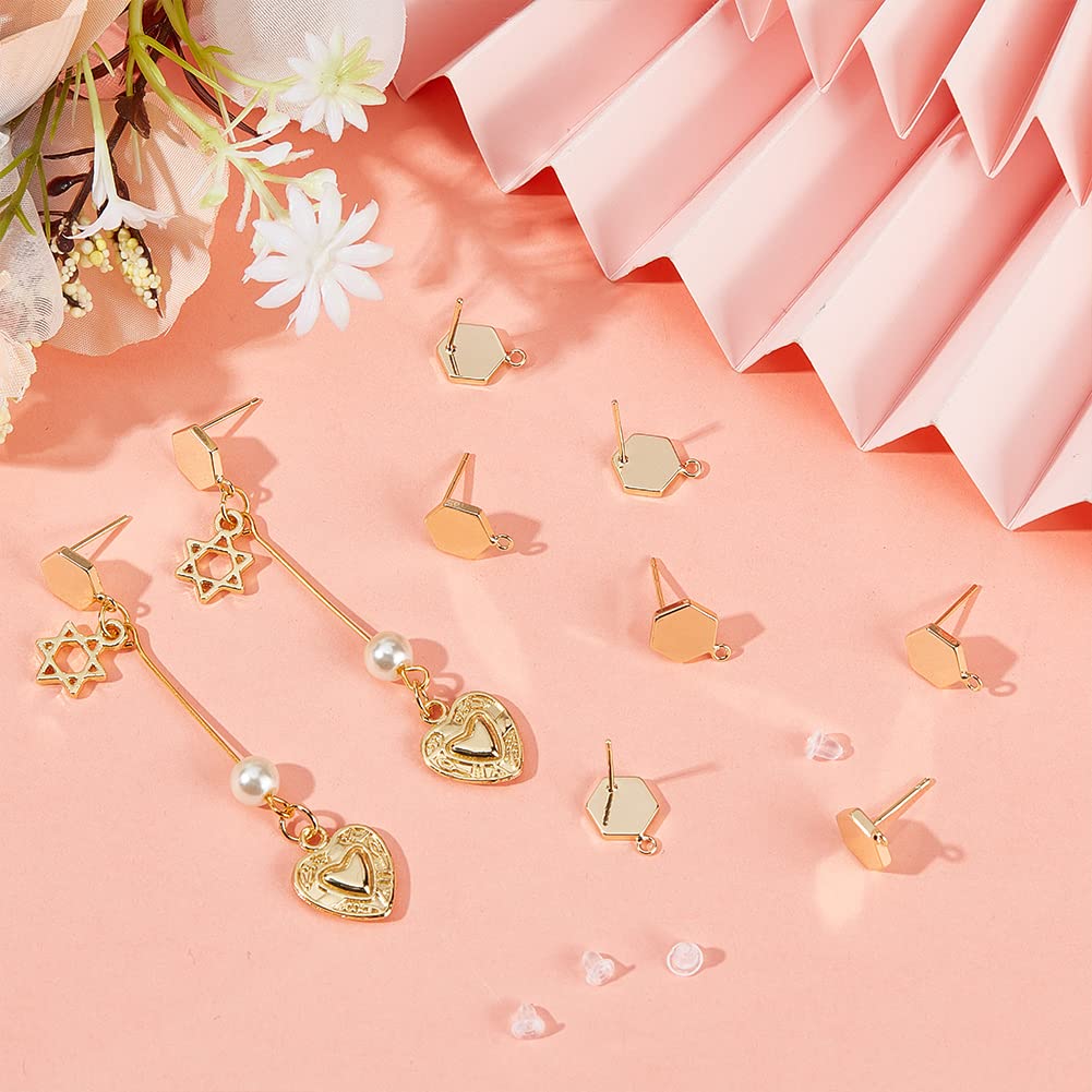 12PCS 18K Gold Plated Earring Studs With Loops + 40 Plastic Ear Nuts – DIY Jewelry Making Findings (1.2mm Hole)