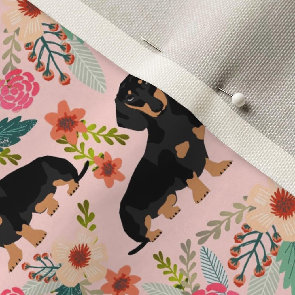 Spoonflower Fabric - Flowers Florals Dachshund Pink Pattern Dog Breeds Black Weiner Puppy Printed on Upholstery Velvet Fabric Fat Quarter - Upholstery Home Decor Bottomweight Apparel
